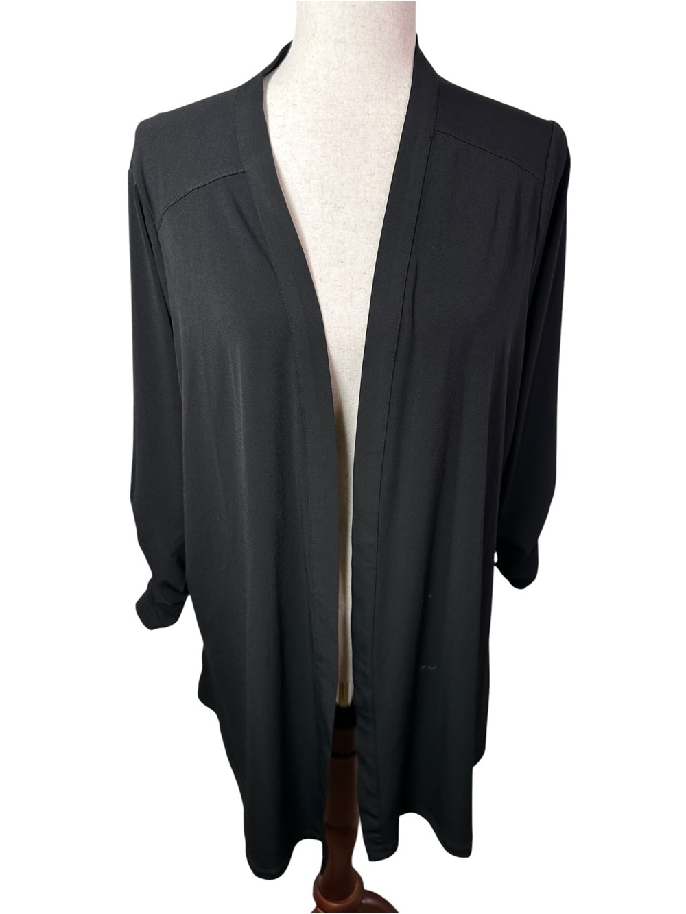 Susan Graver 1X Black Open Front Cardigan Ruched Sleeve Longline Stretch